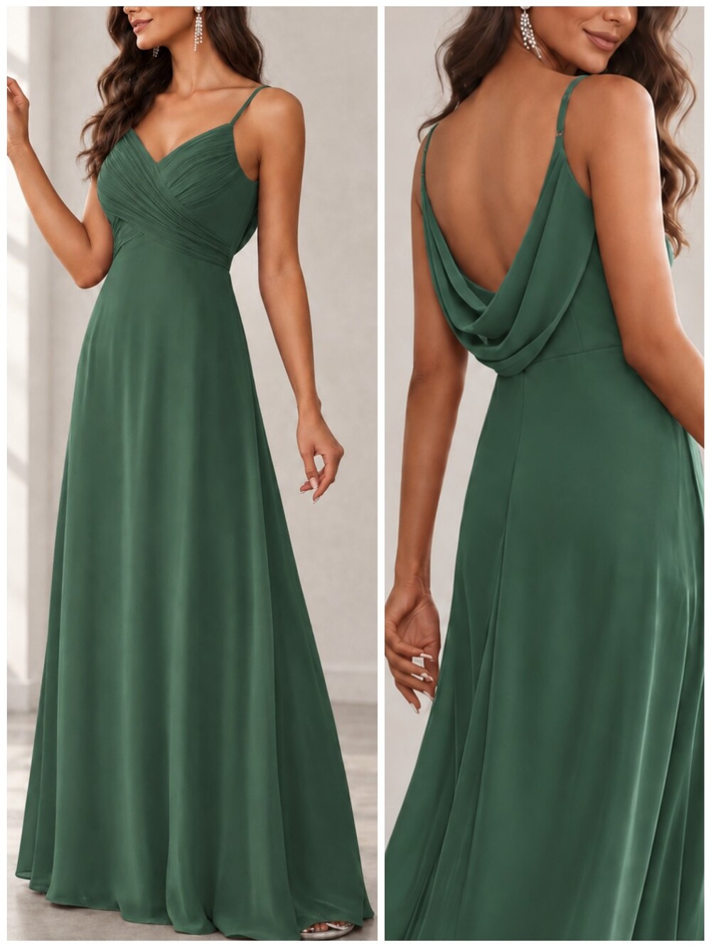 New Flowy Chiffon Drape Back Wrap Maxi Dress Gown Green